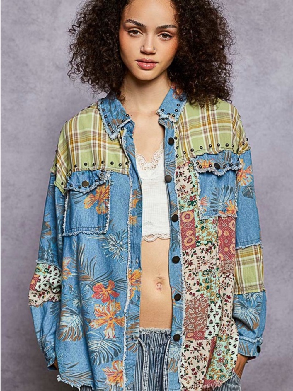 POL Mixed Floral Patchwork Multi Color Button Down Shirt